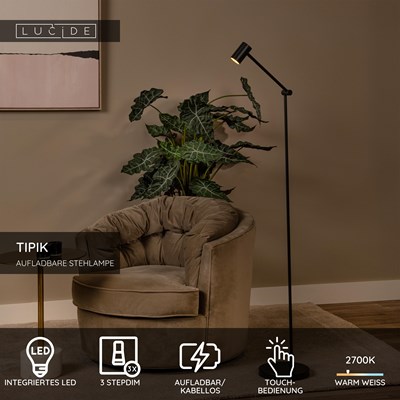Lucide TIPIK - wiederaufladbare Stehlampe - Akku/Batterie - LED 3 StepDim - 1x3W 2700K - Schwarz